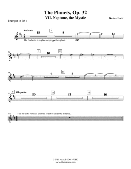 Free Sheet Music Holst The Planets Vii Neptune The Mystic Trumpet In Bb 1 Transposed Part Op 32