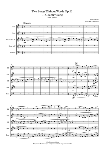 Holst Two Songs Without Words Op 22 No 1 Country Song Wind Quintet Sheet Music