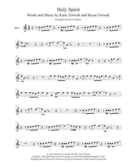 Holy Spirit Easy Key Of C Oboe Sheet Music