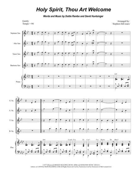 Holy Spirit Thou Art Welcome For Saxophone Quartet And Piano Sheet Music