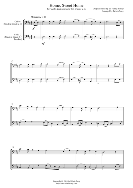 Free Sheet Music Home Sweet Home For Cello Duet Suitable For Grades 2 4