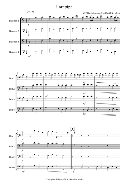 Free Sheet Music Hornpipe From Handels Water Music For Bassoon Quartet