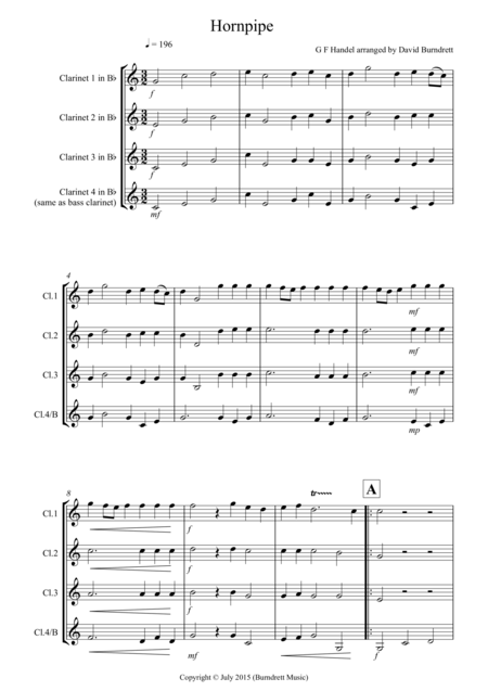 Free Sheet Music Hornpipe From Handels Water Music For Clarinet Quartet