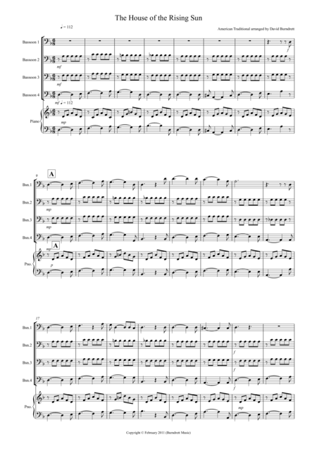 House Of The Rising Sun For Bassoon Quartet Sheet Music