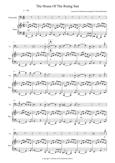 Free Sheet Music House Of The Rising Sun For Cello And Piano
