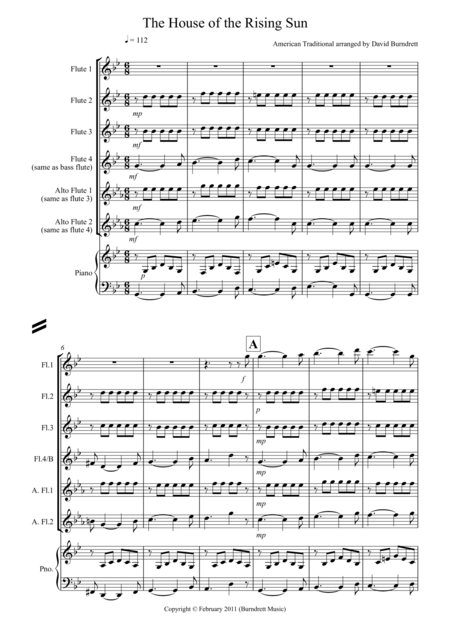 House Of The Rising Sun For Flute Quartet Sheet Music