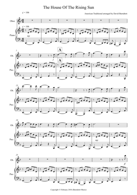 Free Sheet Music House Of The Rising Sun For Oboe And Piano