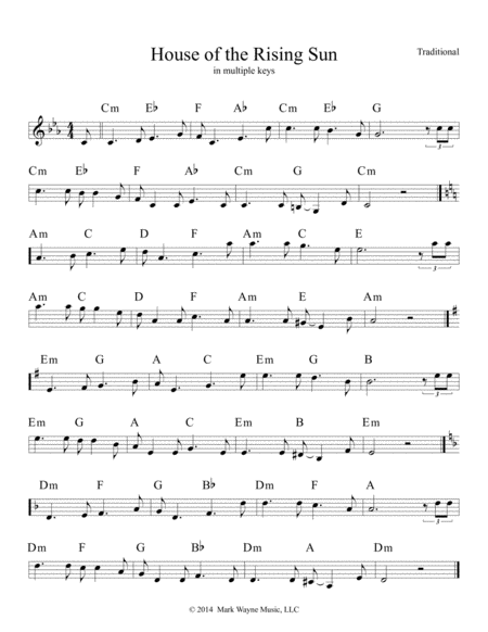 House Of The Rising Sun In Multiple Keys Sheet Music