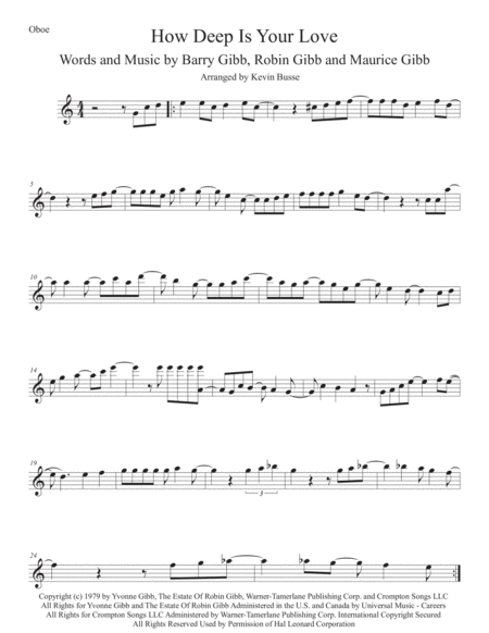 How Deep Is Your Love Easy Key Of C Oboe Sheet Music