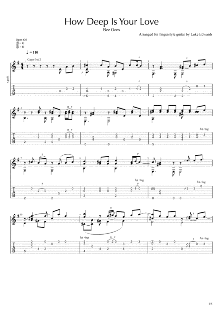 Free Sheet Music How Deep Is Your Love Fingerstyle Guitar Tab Score