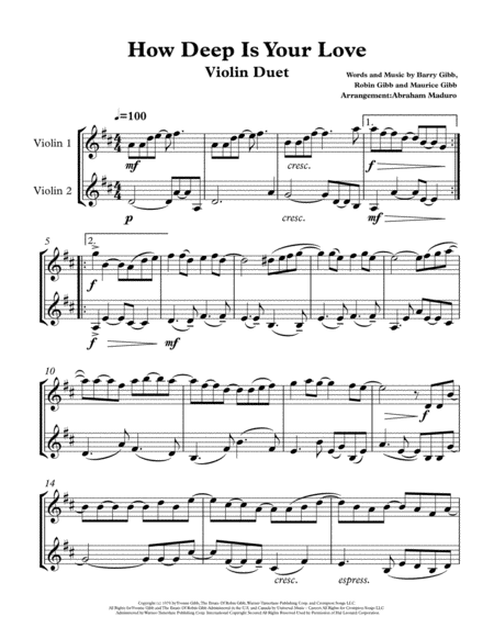 Free Sheet Music How Deep Is Your Love From Saturday Night Fever Violin Duet