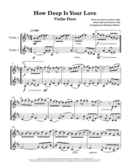 How Deep Is Your Love From Saturday Night Fever Violin Duet Sheet Music