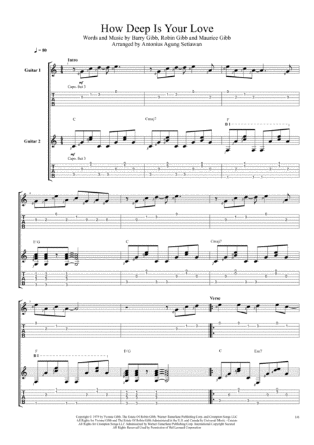 How Deep Is Your Love From The Motion Picture Saturday Night Fever Duet Guitar Tablature Sheet Music