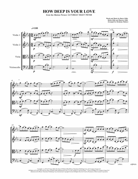 How Deep Is Your Love From The Motion Picture Saturday Night Fever String Quartet Sheet Music