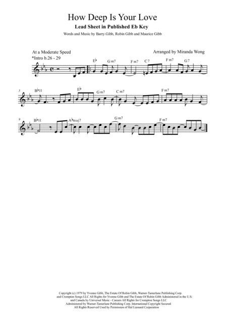 How Deep Is Your Love Lead Sheet In Published Eb Key With Chords Sheet Music