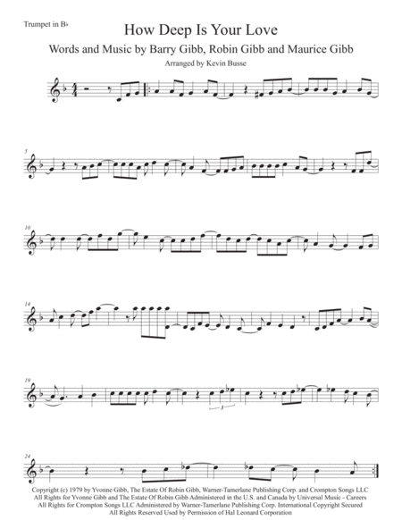 Free Sheet Music How Deep Is Your Love Saturday Night Fever Original Key Trumpet