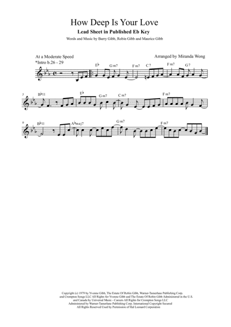 How Deep Is Your Love Tenor Or Soprano Saxophone Solo Concert Key Sheet Music