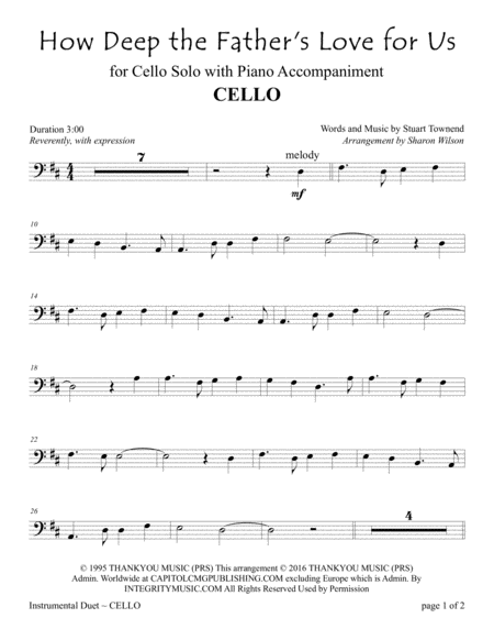 How Deep The Fathers Love For Us For Cello Solo With Piano Accompaniment Sheet Music