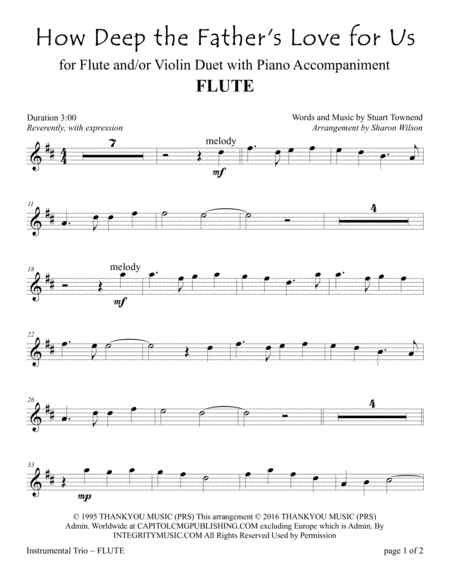 How Deep The Fathers Love For Us For Flute And Or Violin Duet With Piano Accompaniment Sheet Music