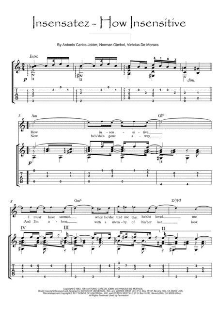 How Insensitive Insensatez By Jobim Guitar Fingerstyle Sheet Music