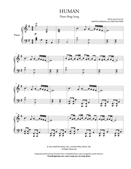 Free Sheet Music Human Piano Easy Key Christina Perri