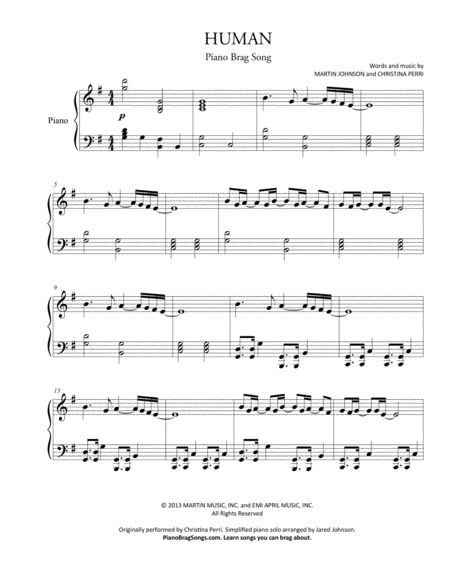 Human Piano Easy Key Christina Perri Sheet Music