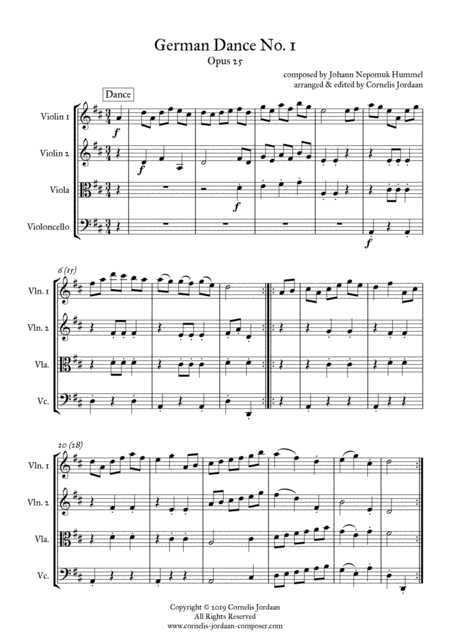 Hummel German Dance No 1 Opus 25 Arranged For String Quartet Sheet Music