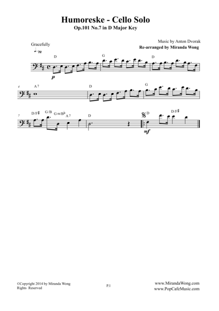 Free Sheet Music Humoreske Op 101 No 7 Lead Sheet For Cello Solo Bass Clef