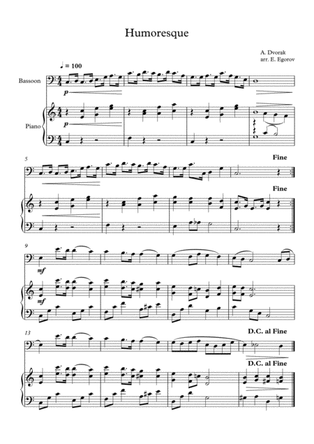 Free Sheet Music Humoresque Antonin Dvorak For Bassoon Piano