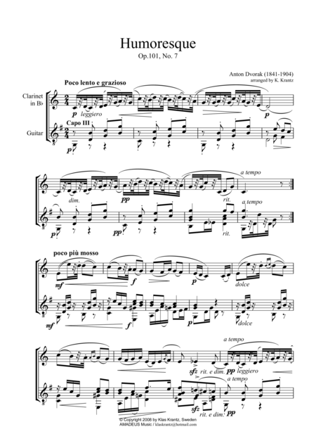 Free Sheet Music Humoresque For Clarinet In Bb And Guitar