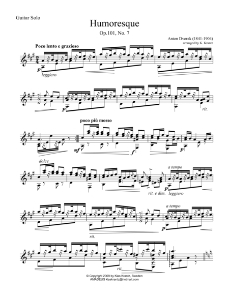 Free Sheet Music Humoresque For Guitar Solo