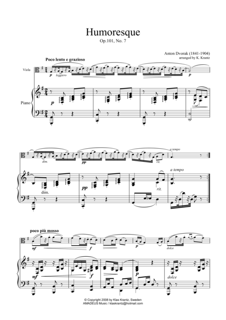 Humoresque Op 101 No 7 For Viola And Piano Sheet Music