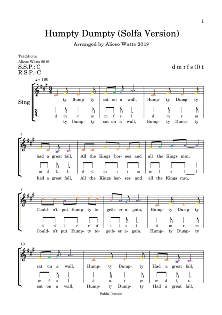 Humpty Dumpty Solfa Singing Version Sheet Music