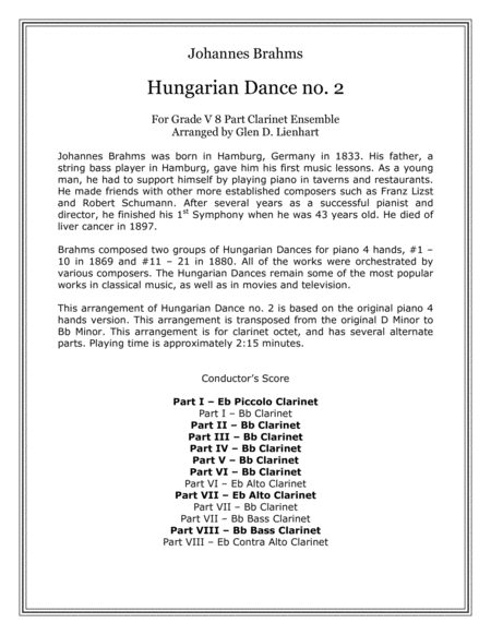 Free Sheet Music Hungarian Dance No 2 Clarinets