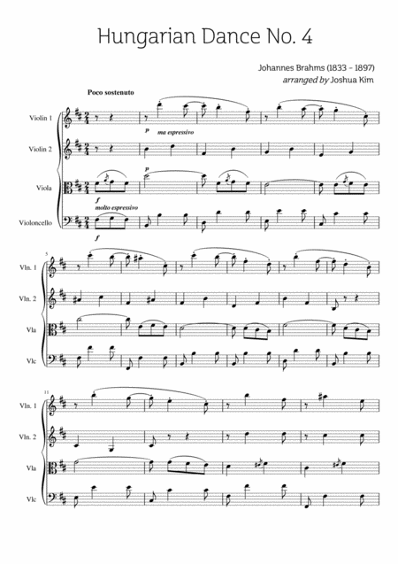 Free Sheet Music Hungarian Dance No 4 For String Quartet