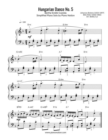 Free Sheet Music Hungarian Dance No 5 Brtfai Emlk Csrds Simplified Piano Solo