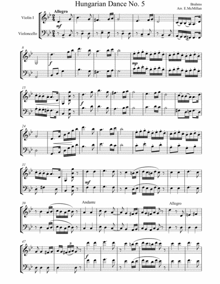 Hungarian Dance No 5 For Violin And Cello Duet Sheet Music