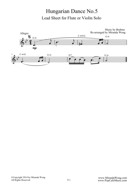 Hungarian Dance No 5 In G Minor Violin Solo Sheet Music