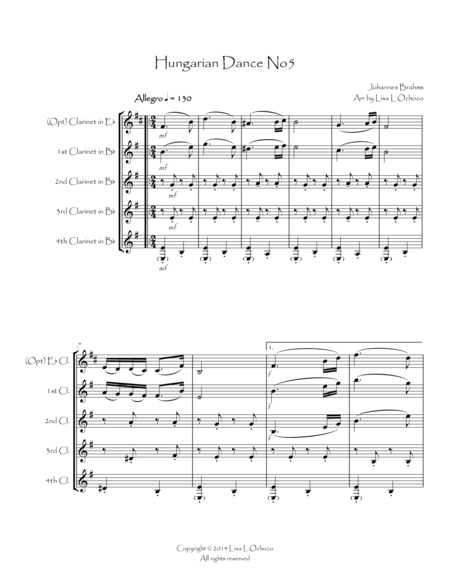 Free Sheet Music Hungarian Dance No5 For Clarinet Quartet