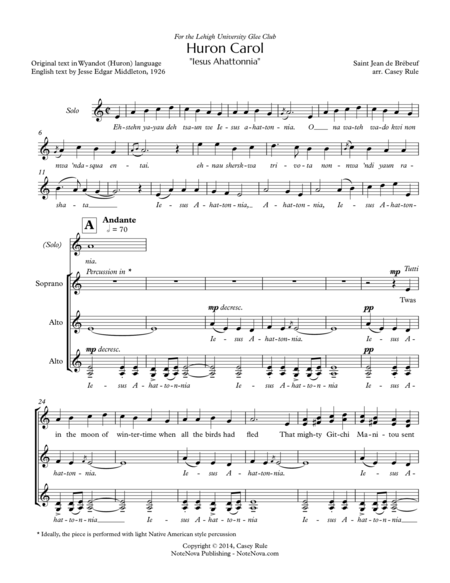 Free Sheet Music Huron Carol Ssaa Arr Casey Rule