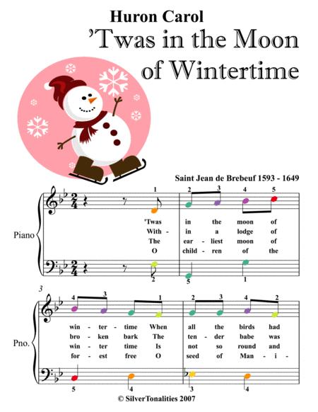 Free Sheet Music Huron Carol Twas In The Moon Of Wintertime Easy Piano Sheet Music With Colored Noteheads