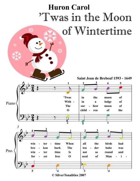 Huron Carol Twas In The Moon Of Wintertime Easy Piano Sheet Music With Colored Noteheads Sheet Music