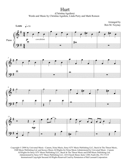 Hurt Piano Solo Early Intermediate Sheet Music