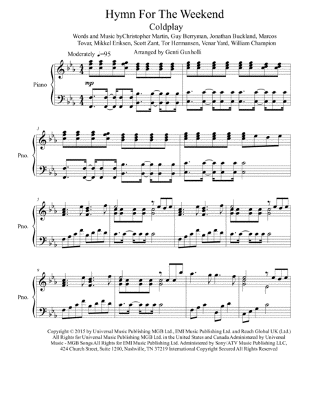 Hymn For The Weekend Piano Solo Sheet Music