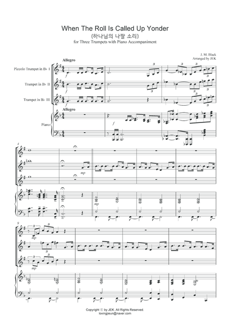 Free Sheet Music Hymn For Trumpet Trio When The Roll Is Called Up Yonder