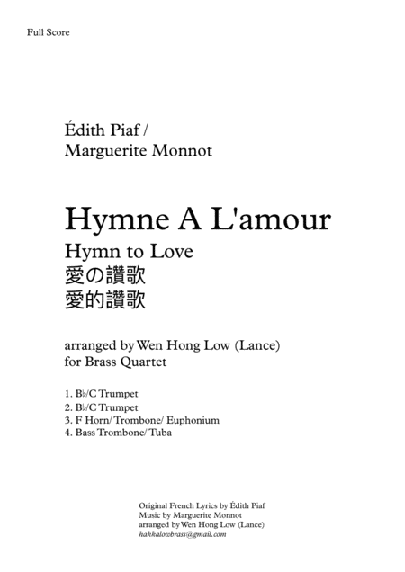 Hymne A L Amour Hymn To Love Arr Lancelow For Brassquartet Sheet Music