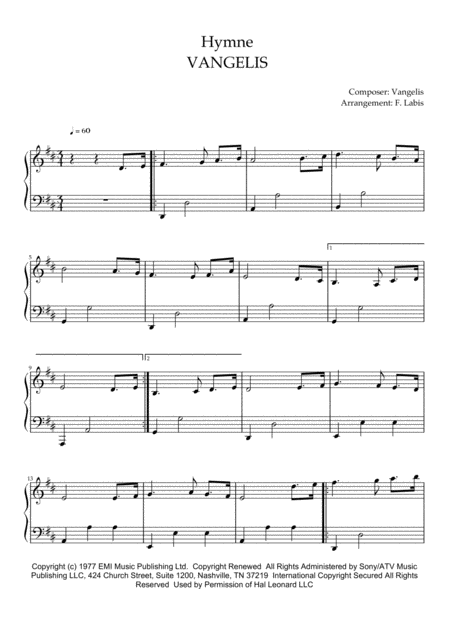 Free Sheet Music Hymne Vangelis Easy Solo Piano