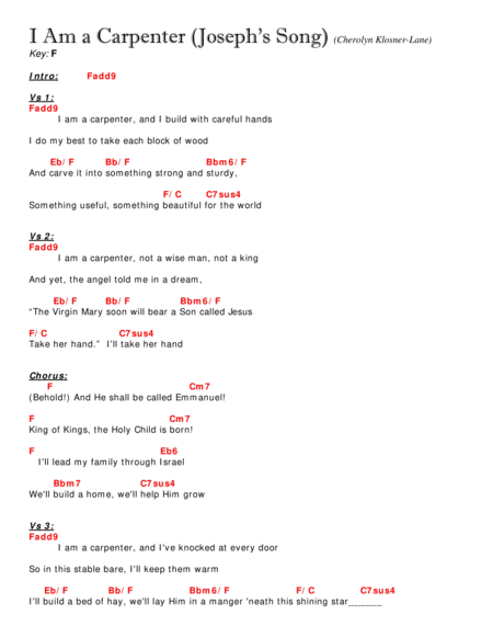 I Am A Carpenter Josephs Song Lyrics Chords In F And In D Capo 3 Sheet Music