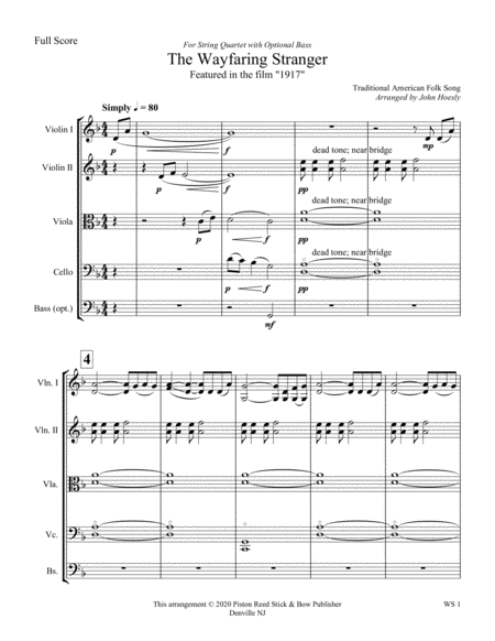 I Am A Poor Wayfaring Stranger String Quartet Sheet Music