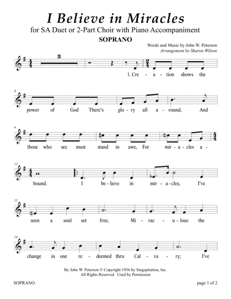 Free Sheet Music I Believe In Miracles For Sa Duet With Piano Accompaniment